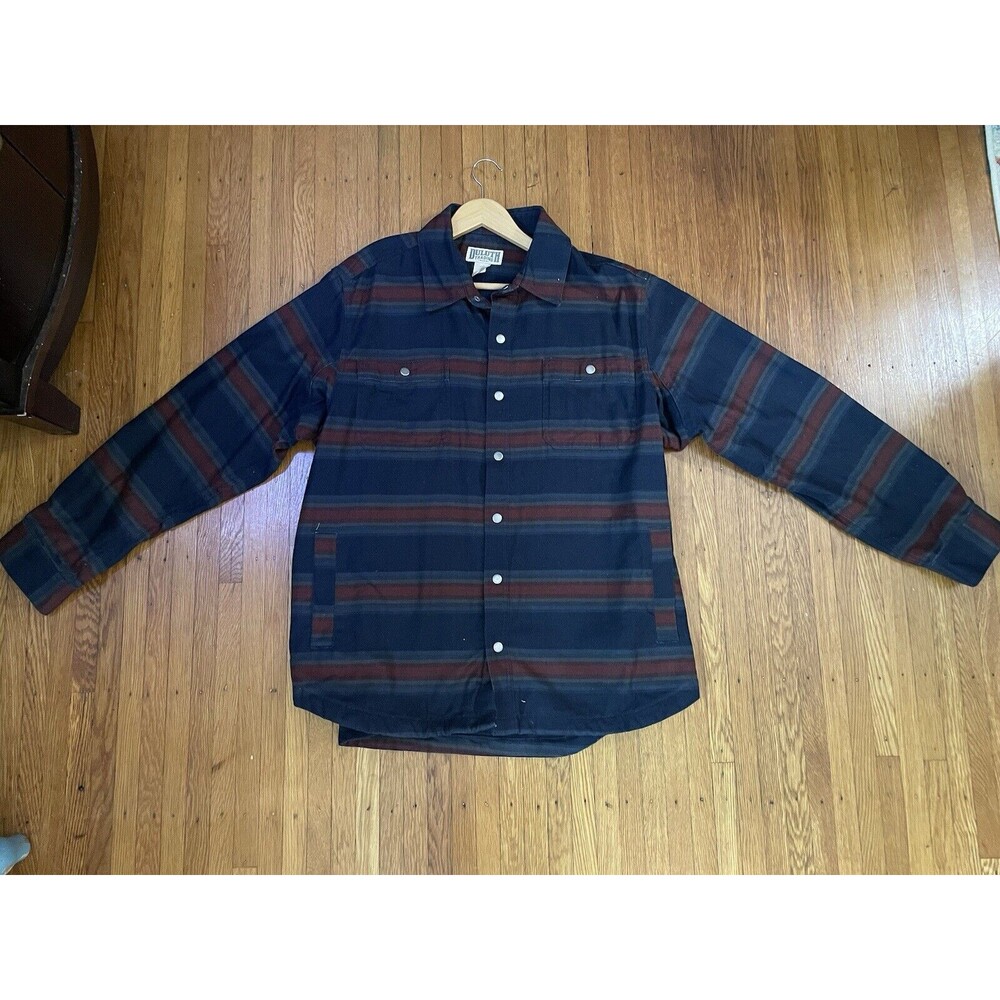 Duluth Heavy Shirt-Jacket,(Shacket) Men XL Tall-Navy, Maroon Stripe Snap Button.
